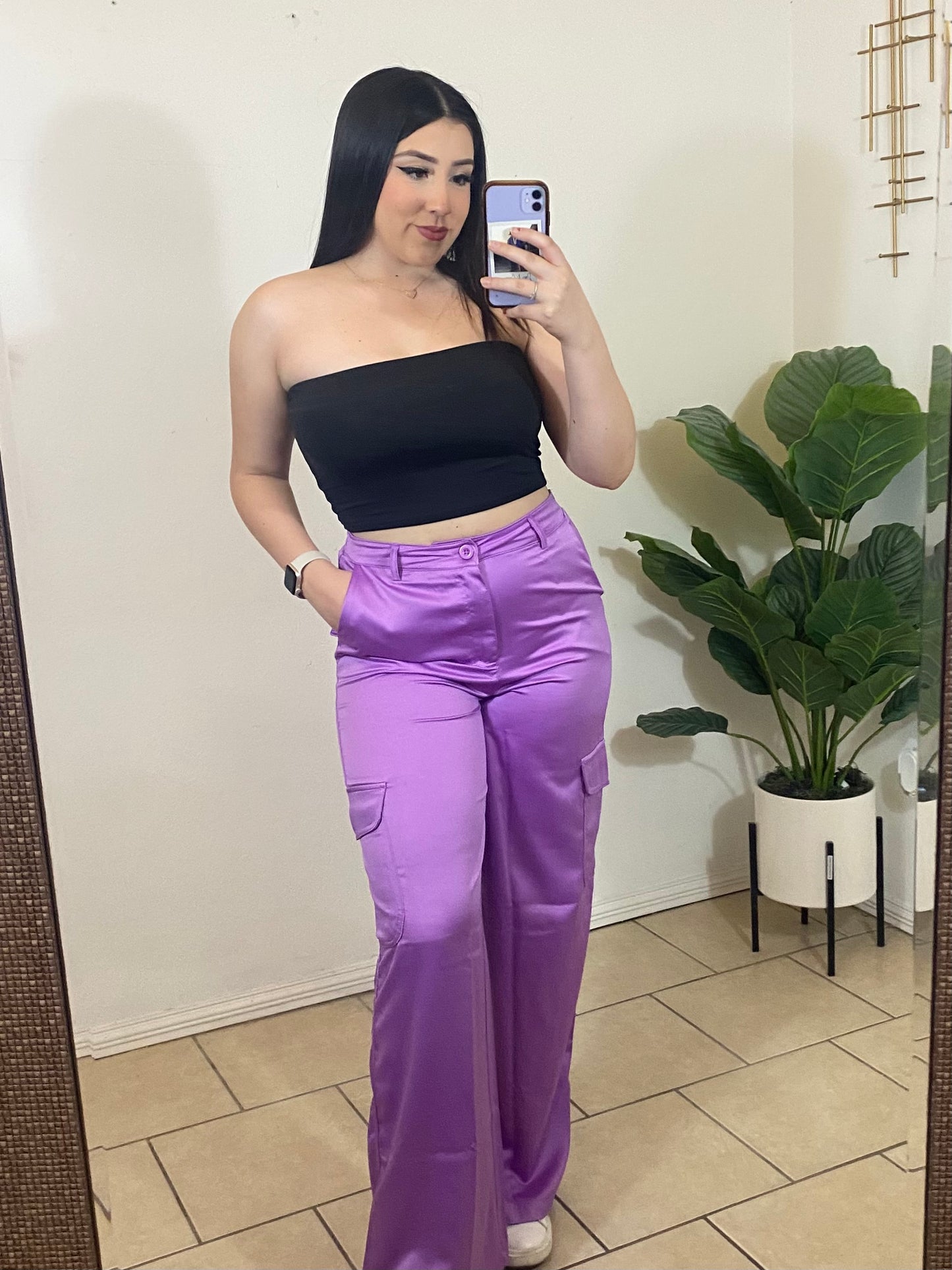 Purple Satin Cargo Pants