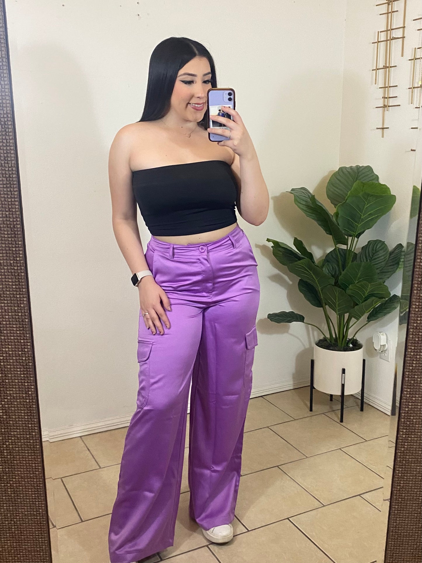 Purple Satin Cargo Pants